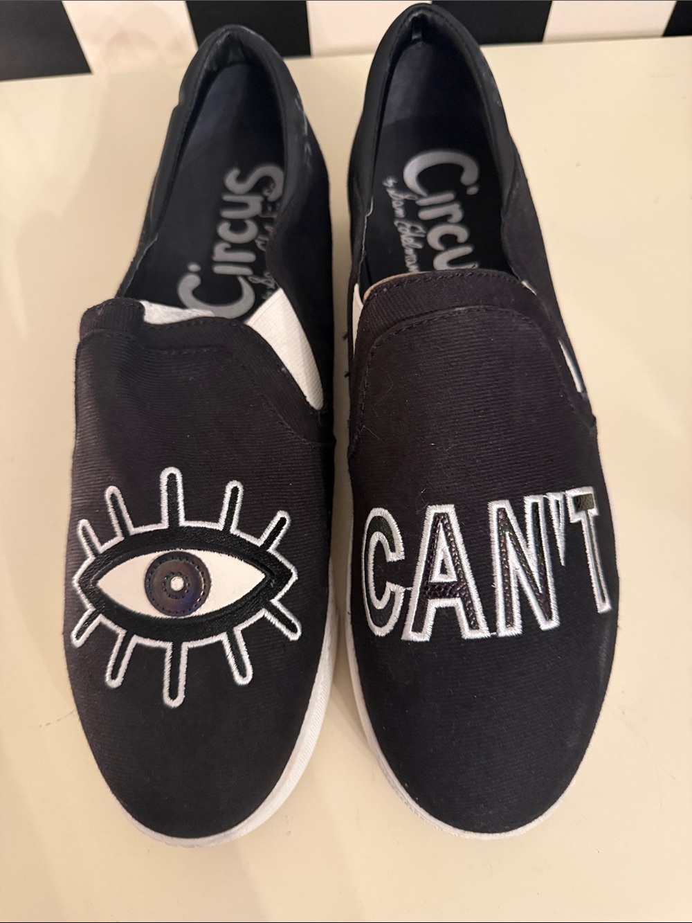 Circus by Sam Edelman Black and White CAN'T' Embroidered Slip-On Loafers NWOB 10